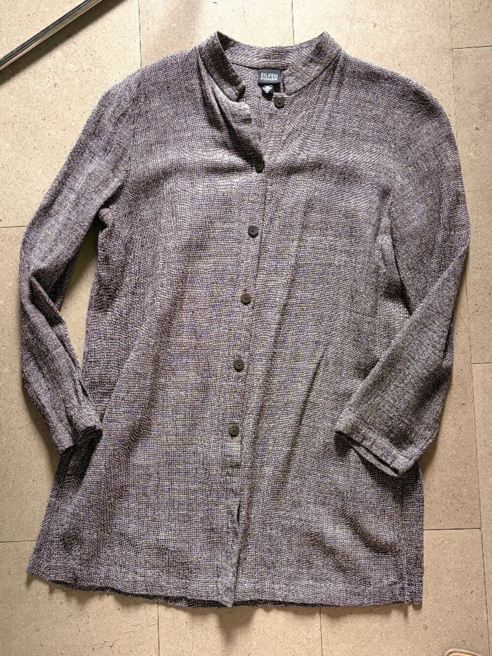 Eileen Fisher Brown Mandarin Collar Womens Linen Blend Tunic Top Shirt-Medium